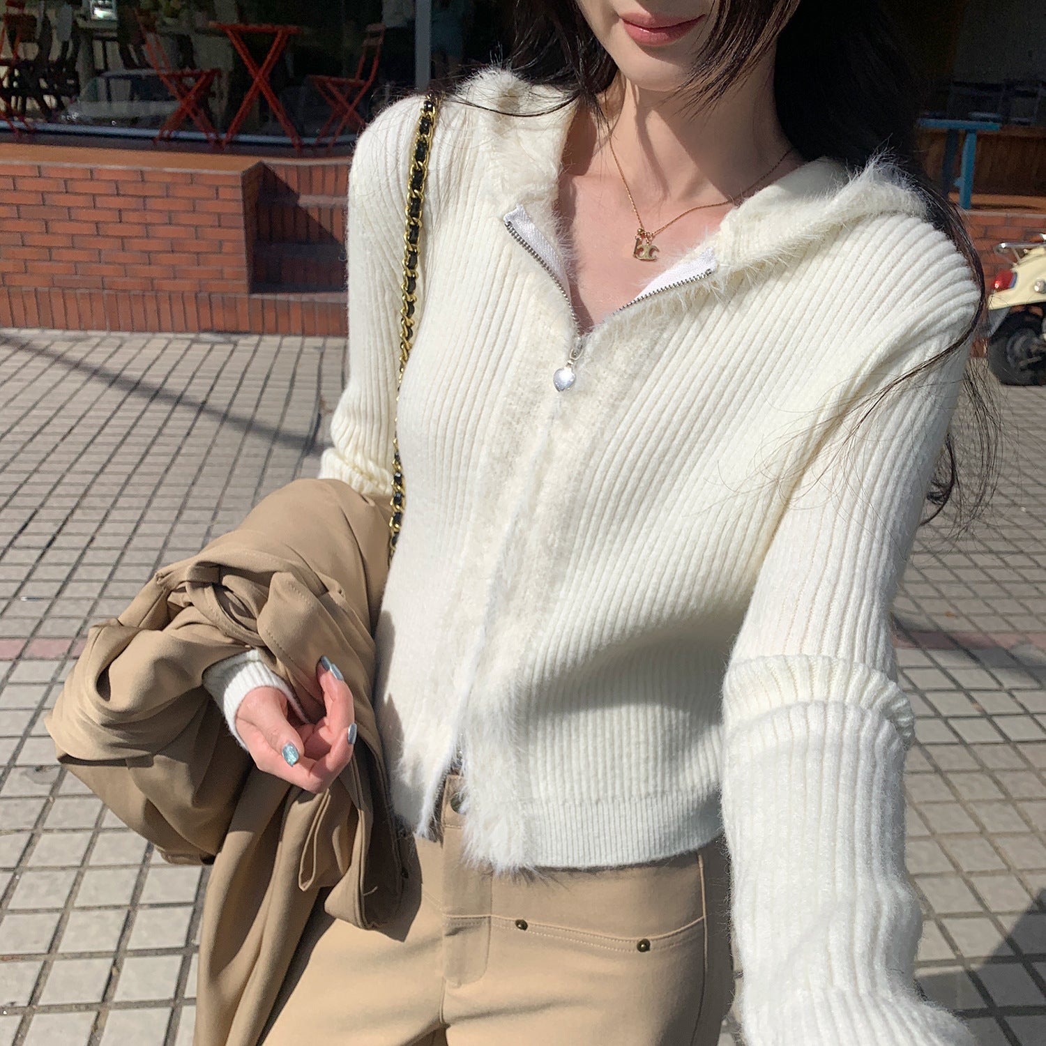 Hooded Knit Cardigan with Fur Collar and Zipper for Women