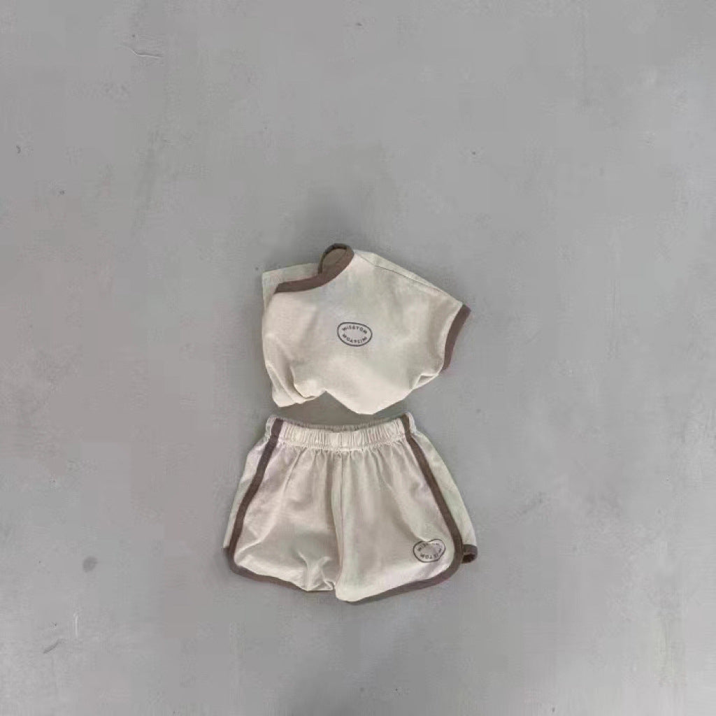 Solid Color Round Neck Short Sleeves Shorts Letter Baby Suit