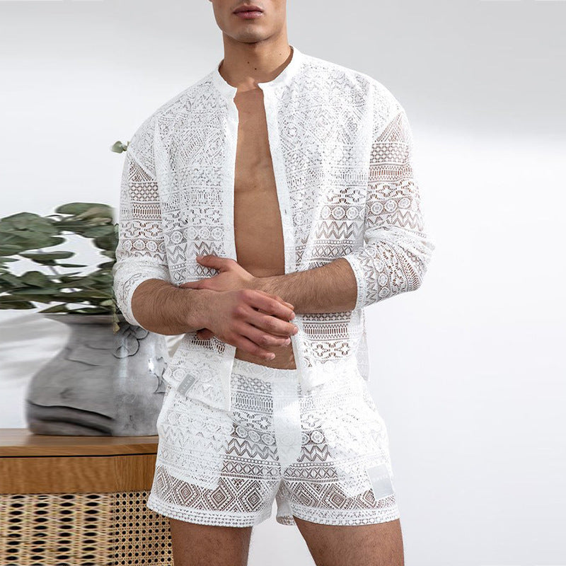 Men's Fashion Set Long Sleeve Shirt Casual Shorts Hollow-Out Men's Suit