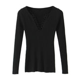V-neck hollowed out elastic slim fit top