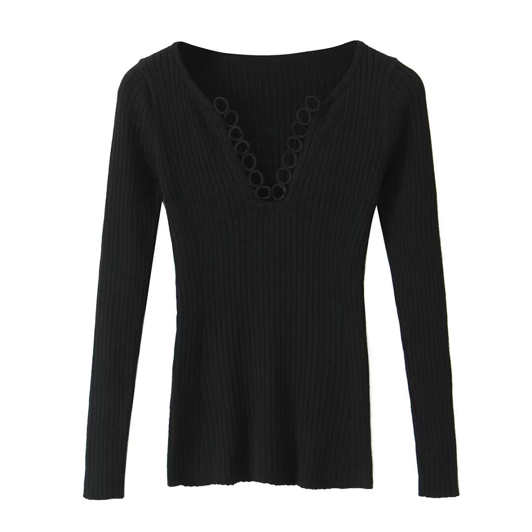 V-neck hollowed out elastic slim fit top