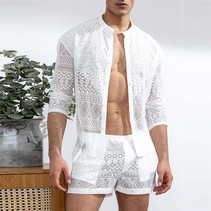 Men's Fashion Set Long Sleeve Shirt Casual Shorts Hollow-Out Men's Suit