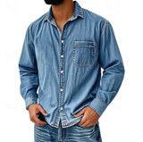Mens Denim Long-sleeve Shirt Washed Long-sleeve Top