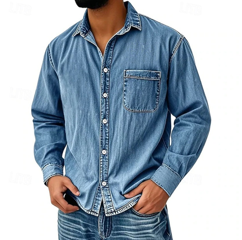 Mens Denim Long-sleeve Shirt Washed Long-sleeve Top