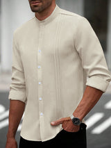 Mens SpringAutumn Small Stand Collar Striped Cardigan Solid Color Long-Sleeve Shirt