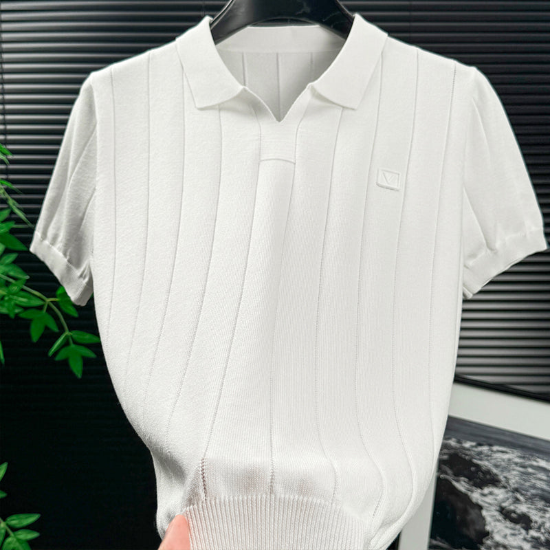 Men's Green Vertical Rib Knit Polo Shirt, Johnny Collar Short Sleeve Casual Top