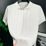 Men's Green Vertical Rib Knit Polo Shirt, Johnny Collar Short Sleeve Casual Top