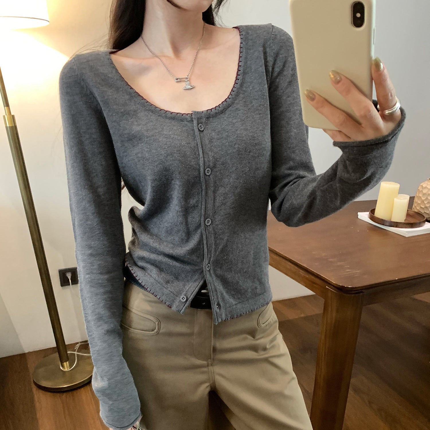 Chic Color-Blocking Round Neck Knit Lightweight Cardigan for Women