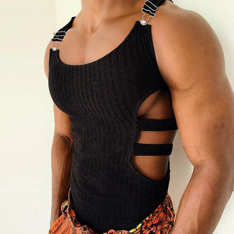 Hollow-out Solid Color Elastic Fitted Sleeveless Vest for Men ndash; Streetwear Sporty Casual Workwear-Inspired Top