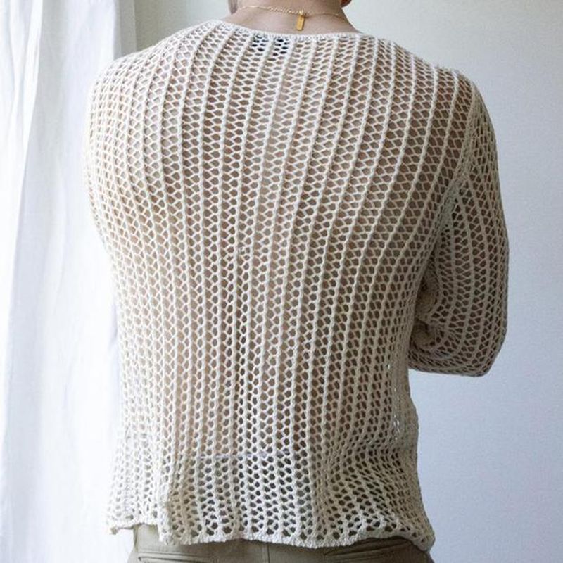 Long Sleeve Sexy Basic T-Shirt for Men, Fashion Solid Color Mesh Cut-Out Knitwear, Slim Fit Top