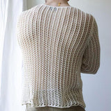 Long Sleeve Sexy Basic T-Shirt for Men, Fashion Solid Color Mesh Cut-Out Knitwear, Slim Fit Top