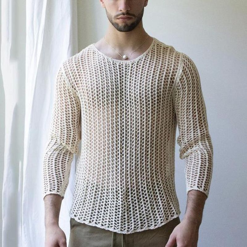 Long Sleeve Sexy Basic T-Shirt for Men, Fashion Solid Color Mesh Cut-Out Knitwear, Slim Fit Top