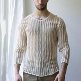 Long Sleeve Sexy Basic T-Shirt for Men, Fashion Solid Color Mesh Cut-Out Knitwear, Slim Fit Top