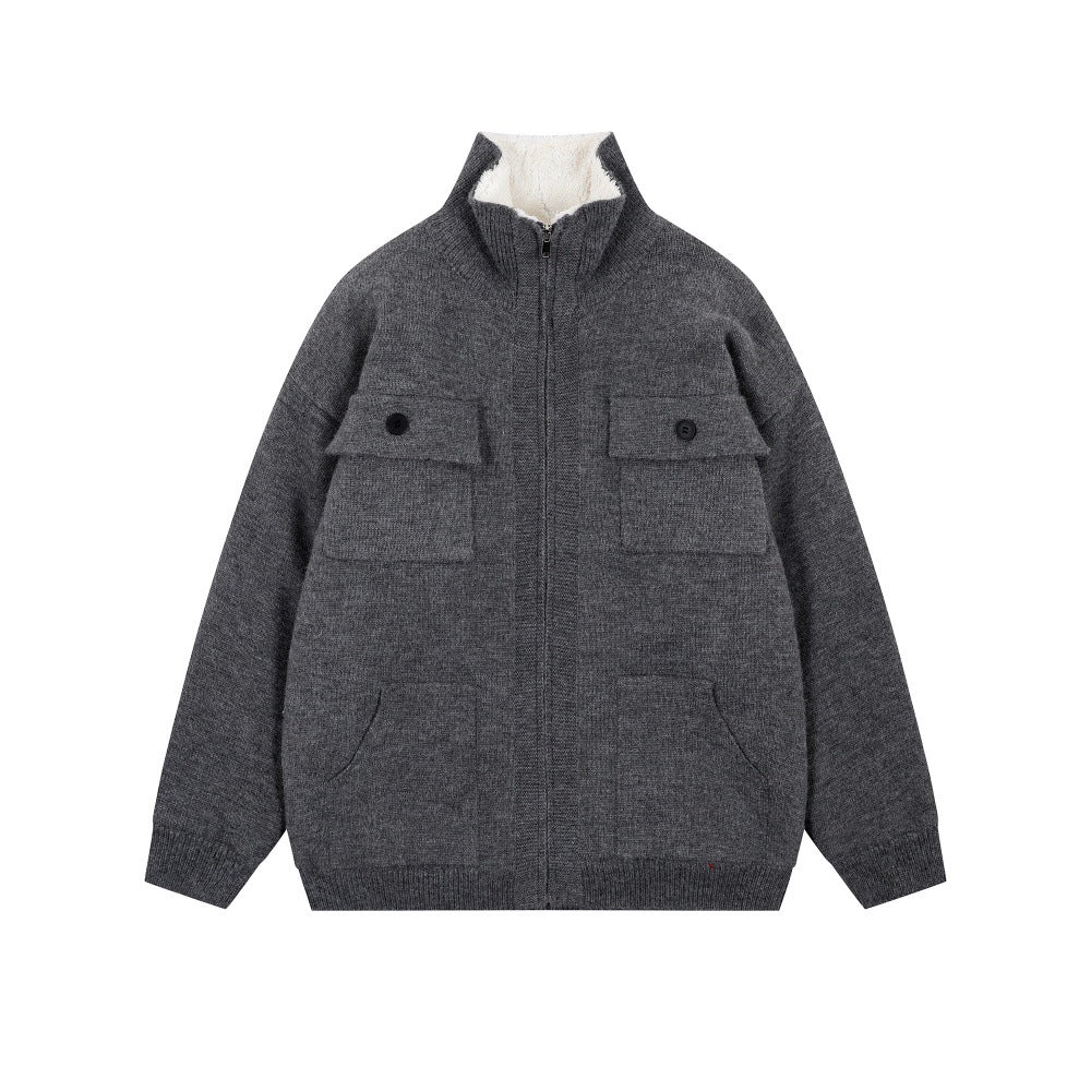 Thick knitted sweater jacket with added velvet