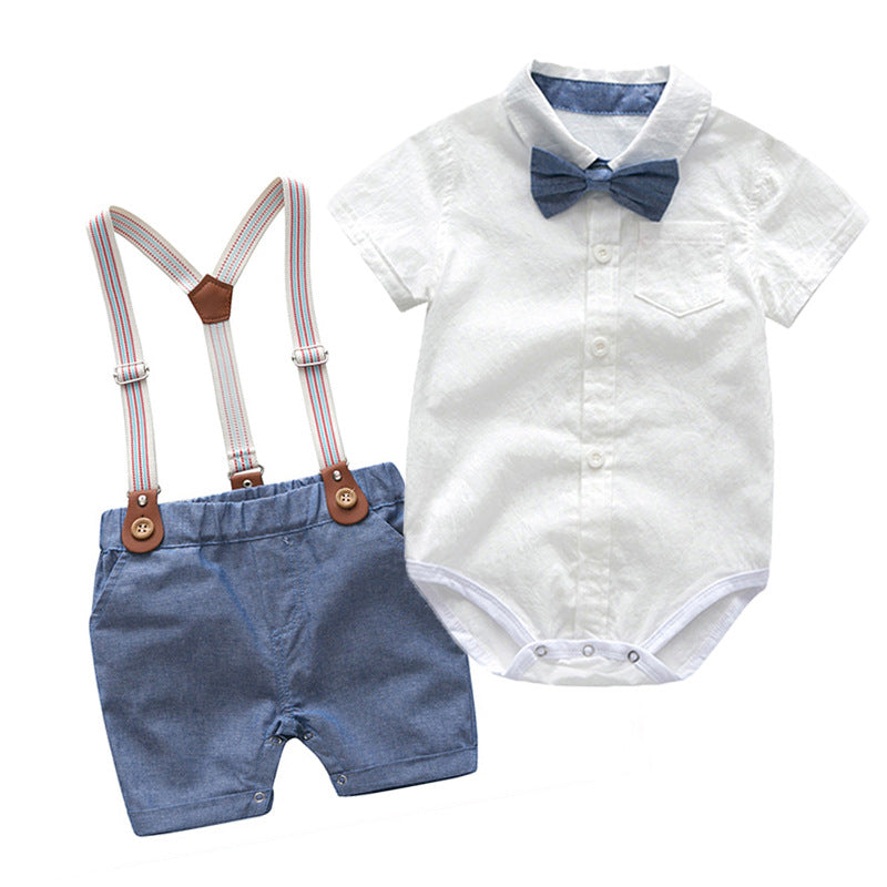 Gentleman's Summer Outfit for Baby Boys, Two-Piece Romper with Overalls, British Style Formal Wear