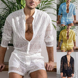 Men's Fashion Set Long Sleeve Shirt Casual Shorts Hollow-Out Men's Suit