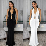 Fashion Women's Sexy Backless Halter Deep V Neck Solid Color Dress