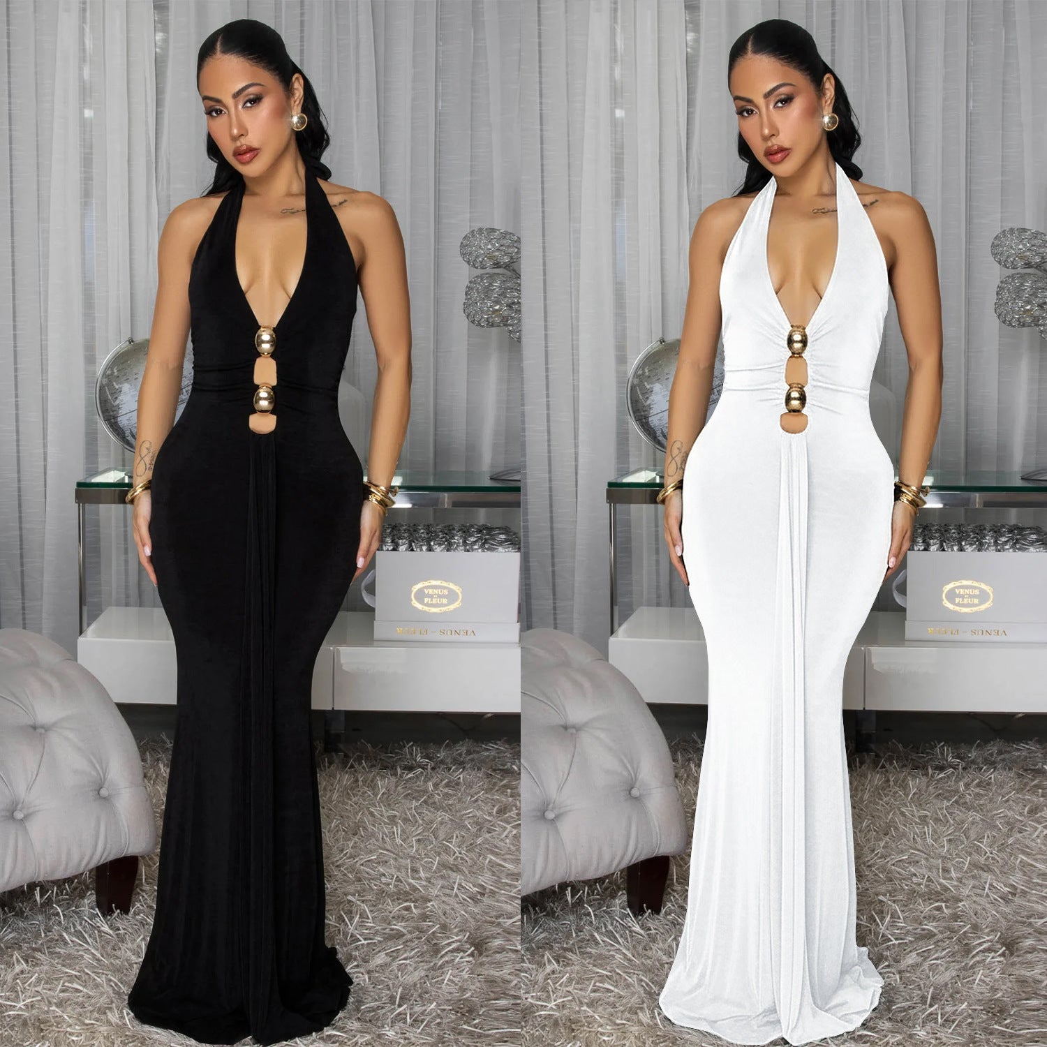 Fashion Women's Sexy Backless Halter Deep V Neck Solid Color Dress