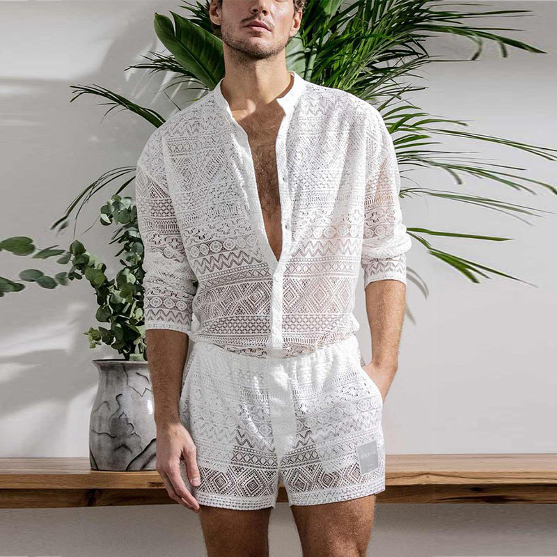 Men's Fashion Set Long Sleeve Shirt Casual Shorts Hollow-Out Men's Suit