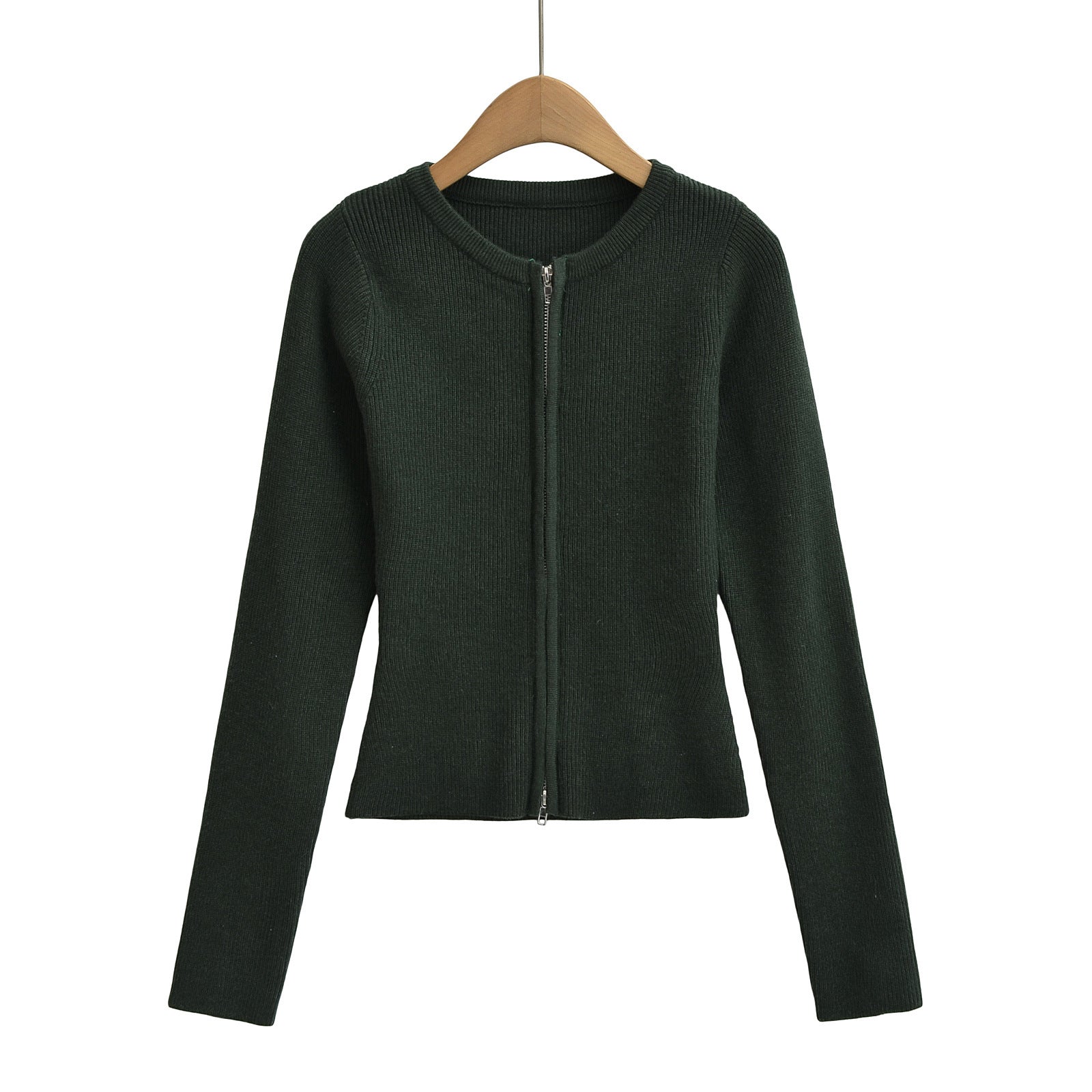 Round neck long sleeved slim fit short cardigan sweater