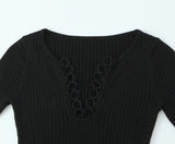 V-neck hollowed out elastic slim fit top