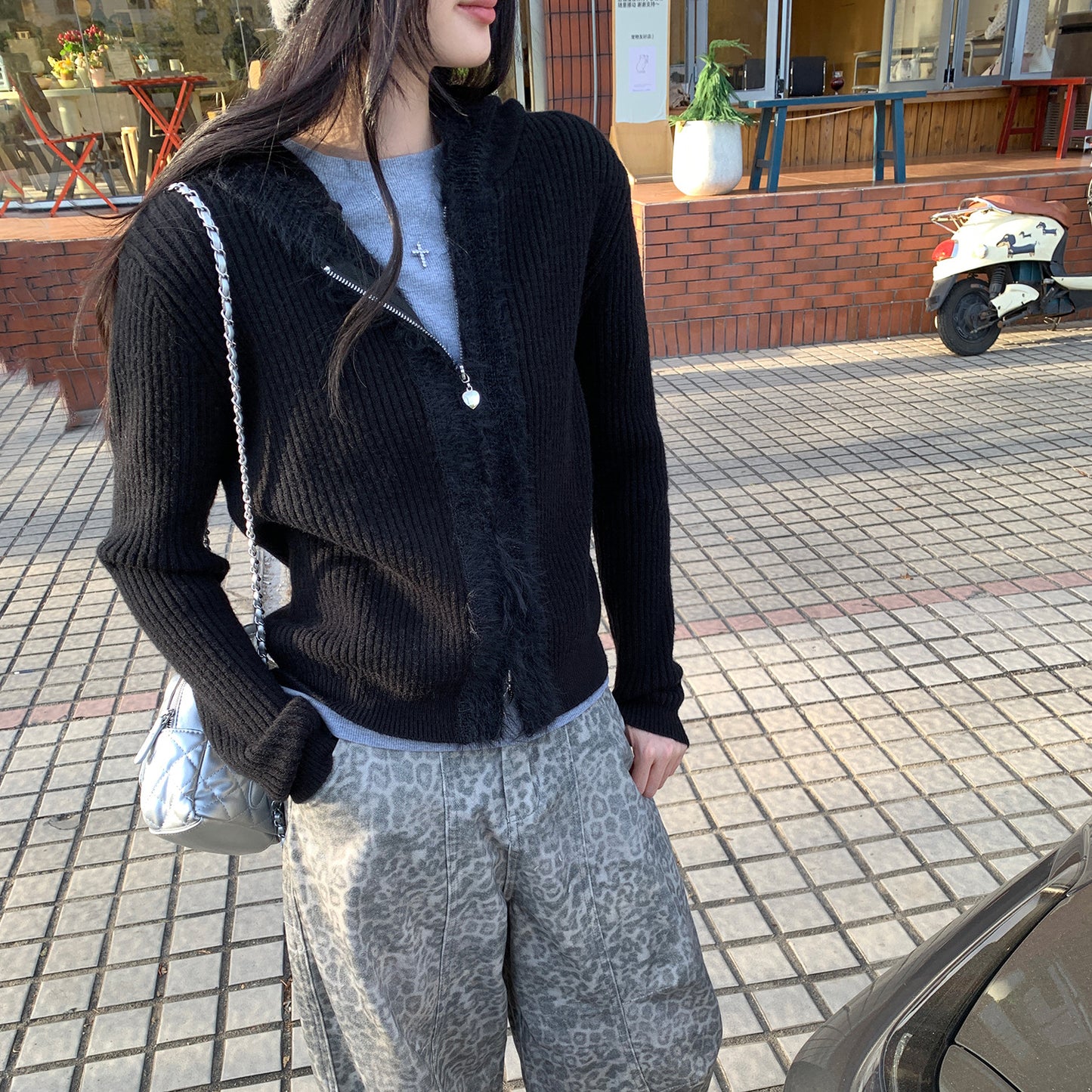 Hooded Knit Cardigan with Fur Collar and Zipper for Women