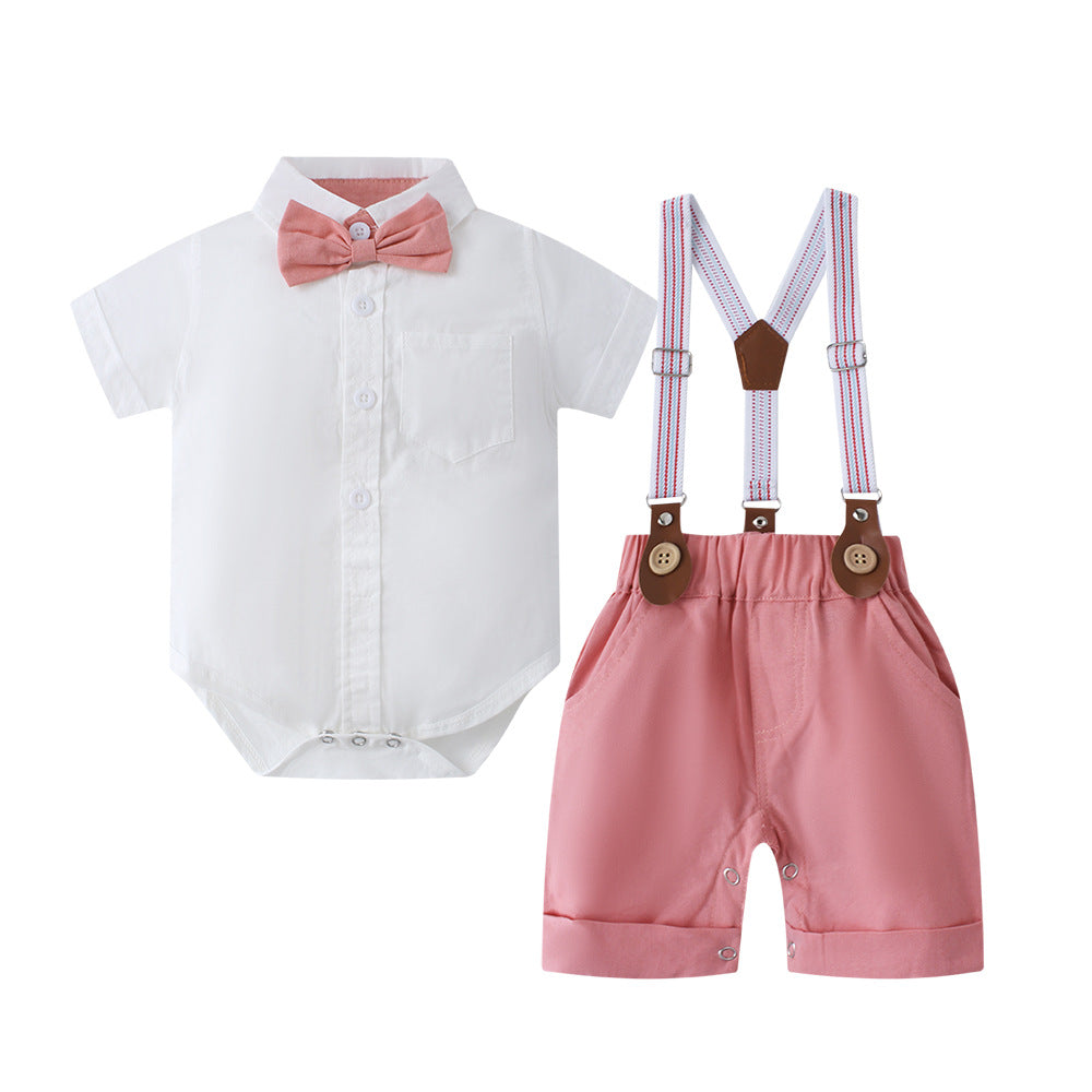 Gentleman's Summer Outfit for Baby Boys, Two-Piece Romper with Overalls, British Style Formal Wear
