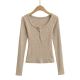 Round neck button long sleeved top