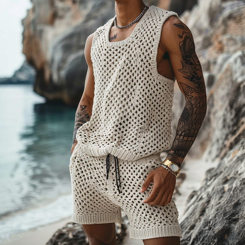 Summer New Casual Vertical Stripe Knitted Suit-Fit Slim Fit Turn-Down Collar Short Sleeve Button-Up Shirt Shorts Men's Summer Wear