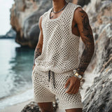 Summer New Casual Vertical Stripe Knitted Suit-Fit Slim Fit Turn-Down Collar Short Sleeve Button-Up Shirt Shorts Men's Summer Wear