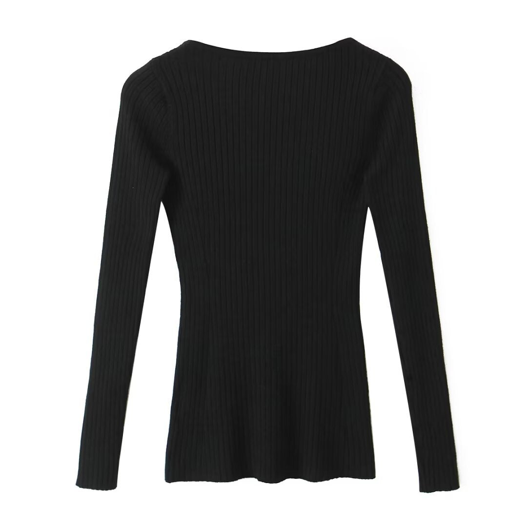 V-neck hollowed out elastic slim fit top