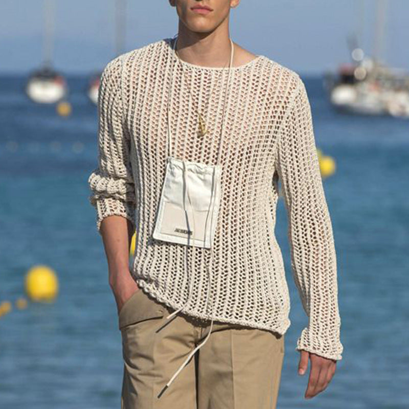 Long Sleeve Sexy Basic T-Shirt for Men, Fashion Solid Color Mesh Cut-Out Knitwear, Slim Fit Top