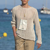 Long Sleeve Sexy Basic T-Shirt for Men, Fashion Solid Color Mesh Cut-Out Knitwear, Slim Fit Top