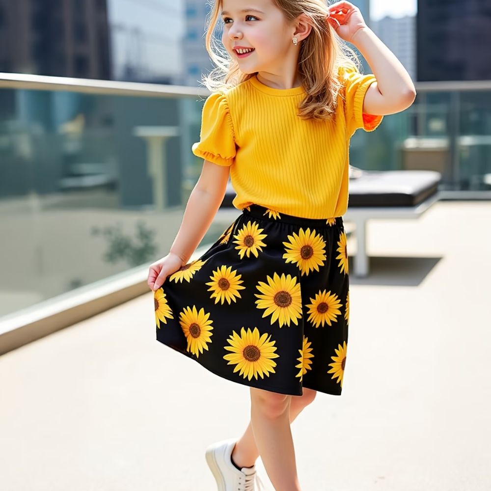 Girls' Sunflower Print Short-Sleeved Top + Skirt