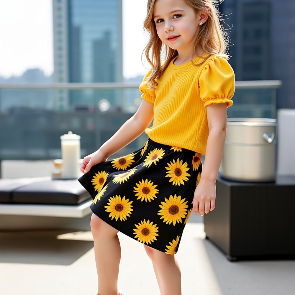 Girls' Sunflower Print Short-Sleeved Top + Skirt