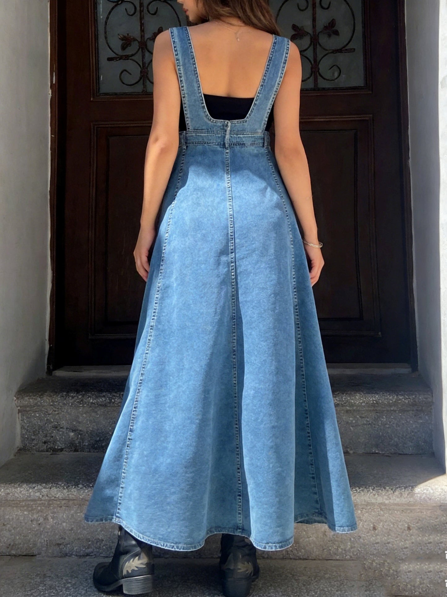Denim Overall Button Front High Slit Maxi Dress