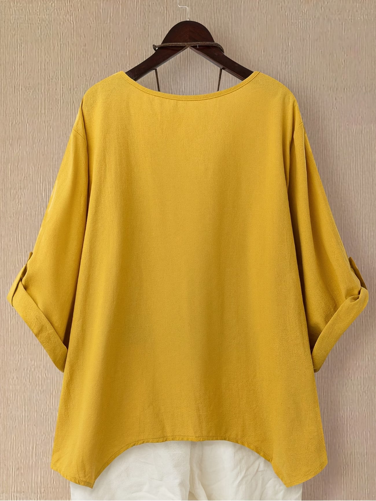 Asymmetrical Hem Long Mixed Linen Sleeve Shirt, Spring/Summer Style