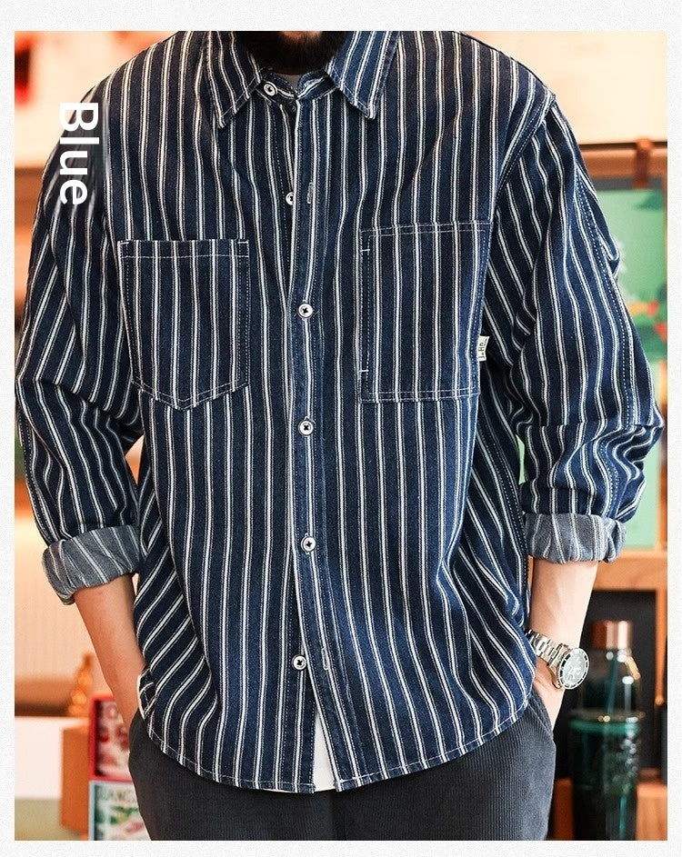 Men's Retro Casual Denim Striped Shirt