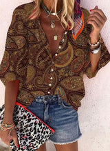 Loose-fit Button-up Retro Print Casual Shirt
