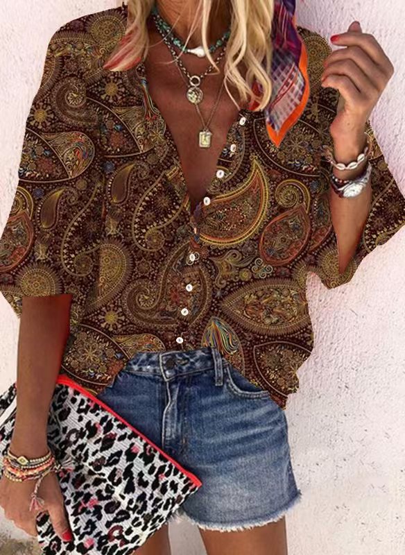 Loose-fit Button-up Retro Print Casual Shirt