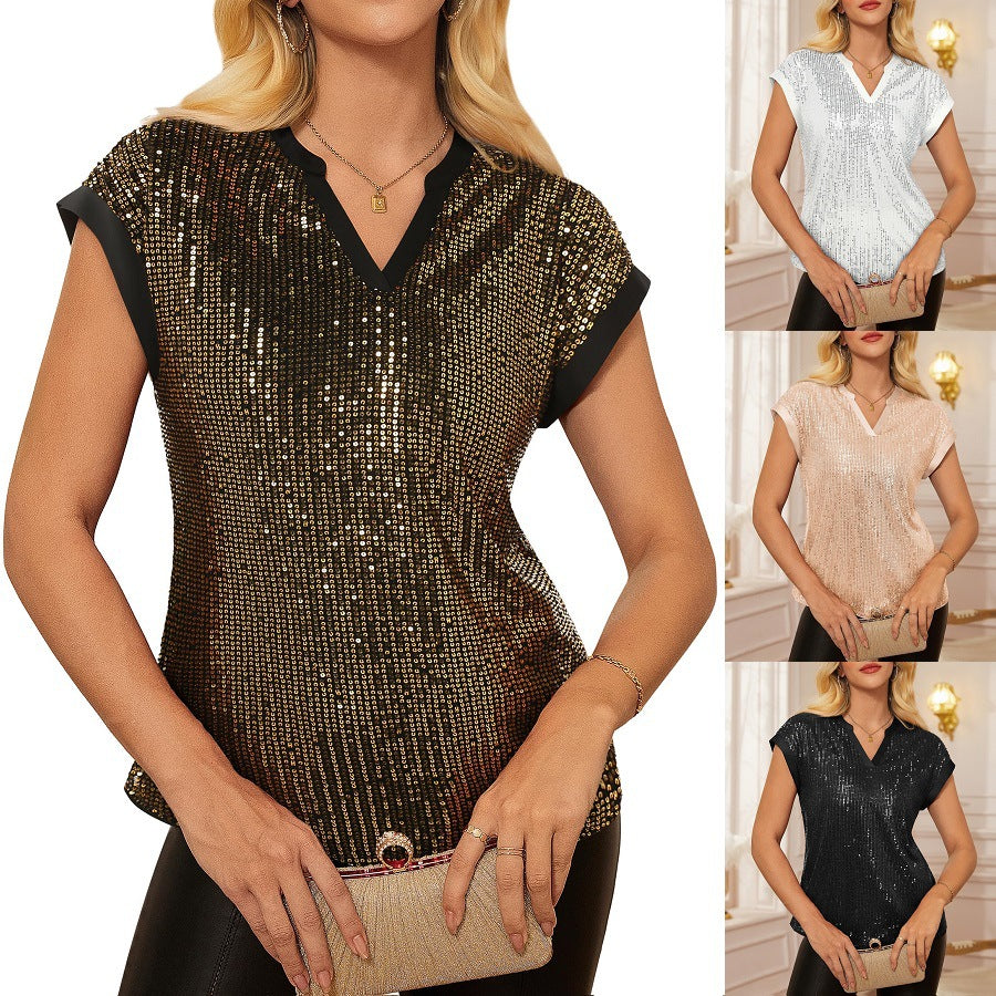 Womens Sequin V-Neck Short-Sleeve Party Top Shirt