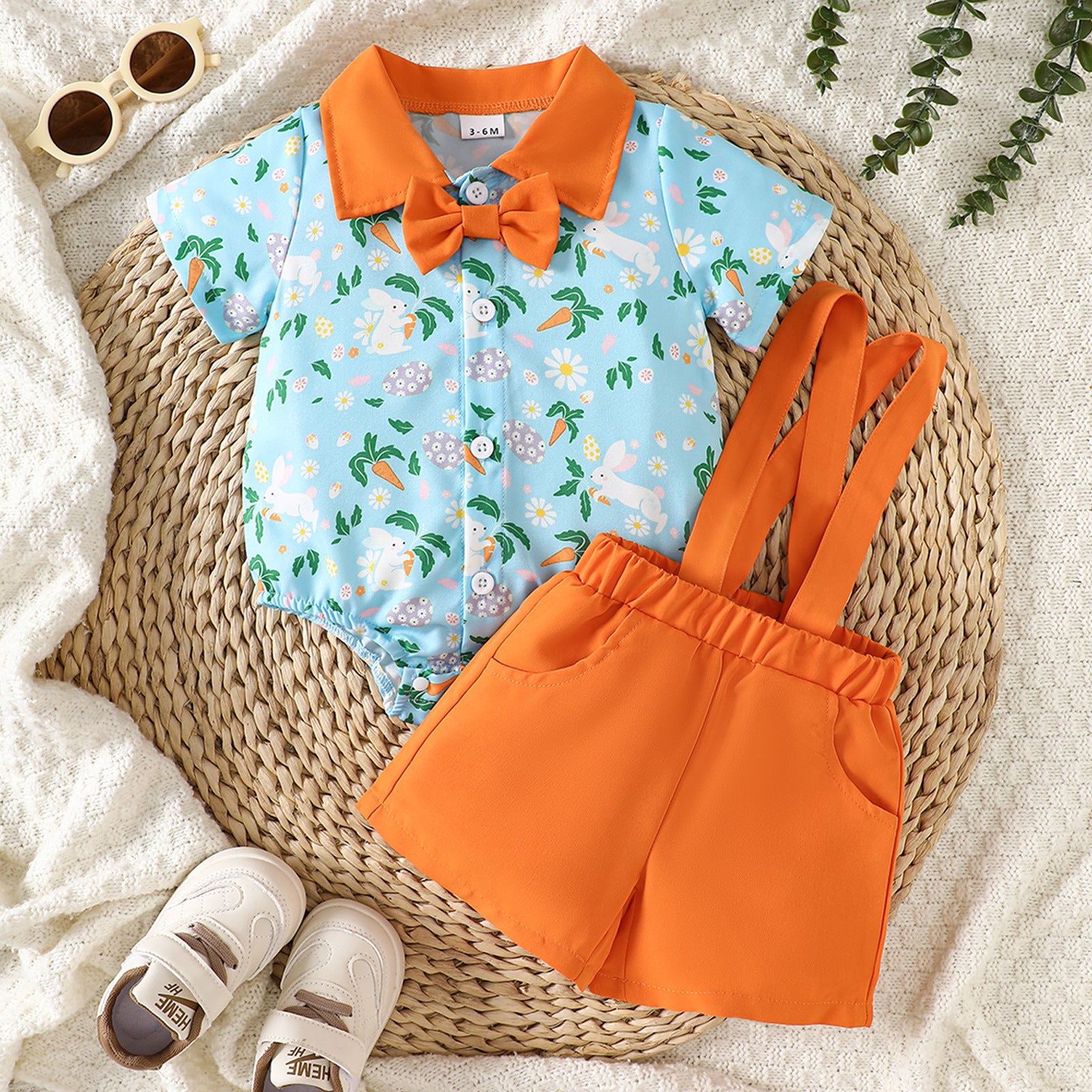 Printed Short-Sleeve Lapel Romper And Suspender Pants Set