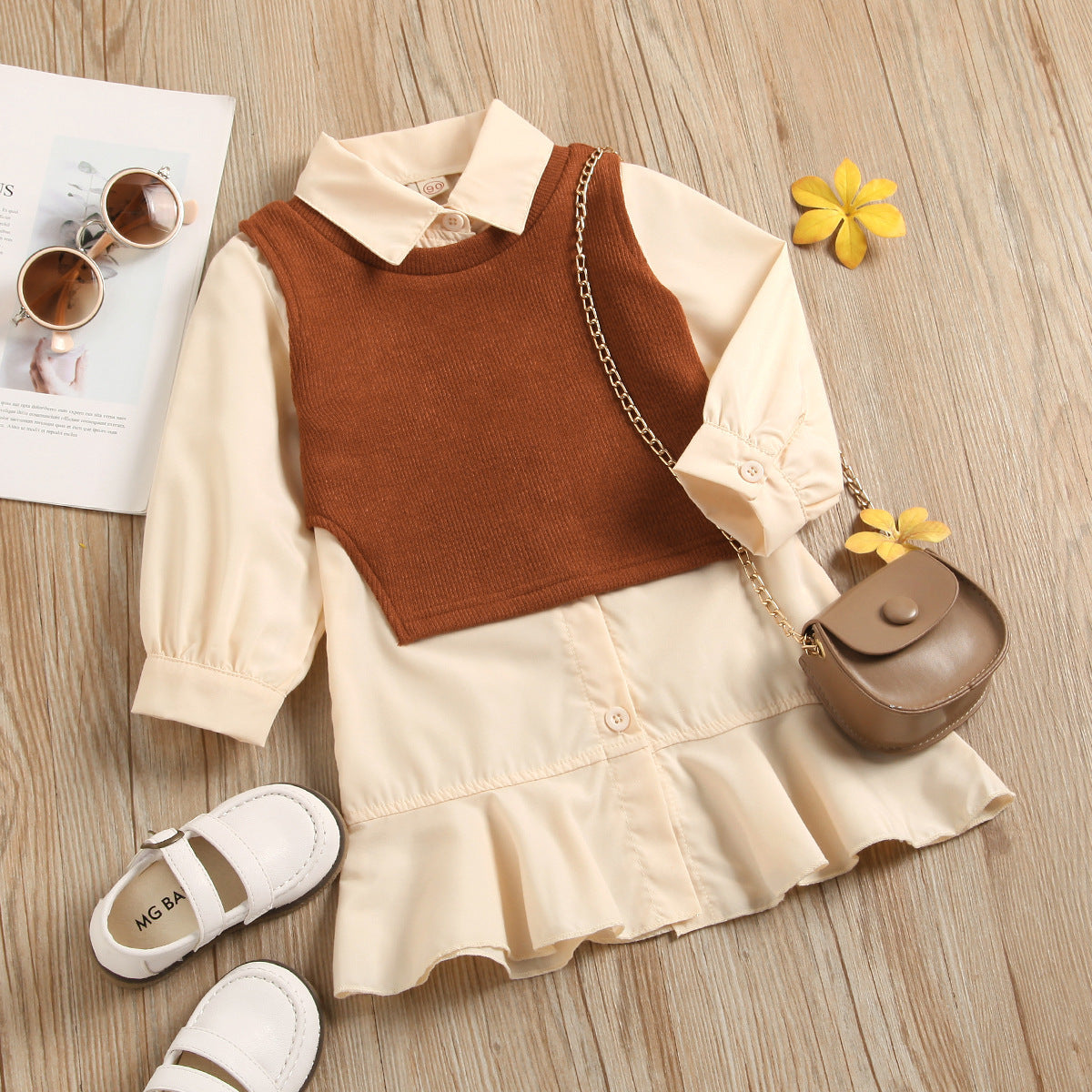 Lapel Long-sleeved Ruffled Princess Dress Knitted Vest And Two-piece Vest