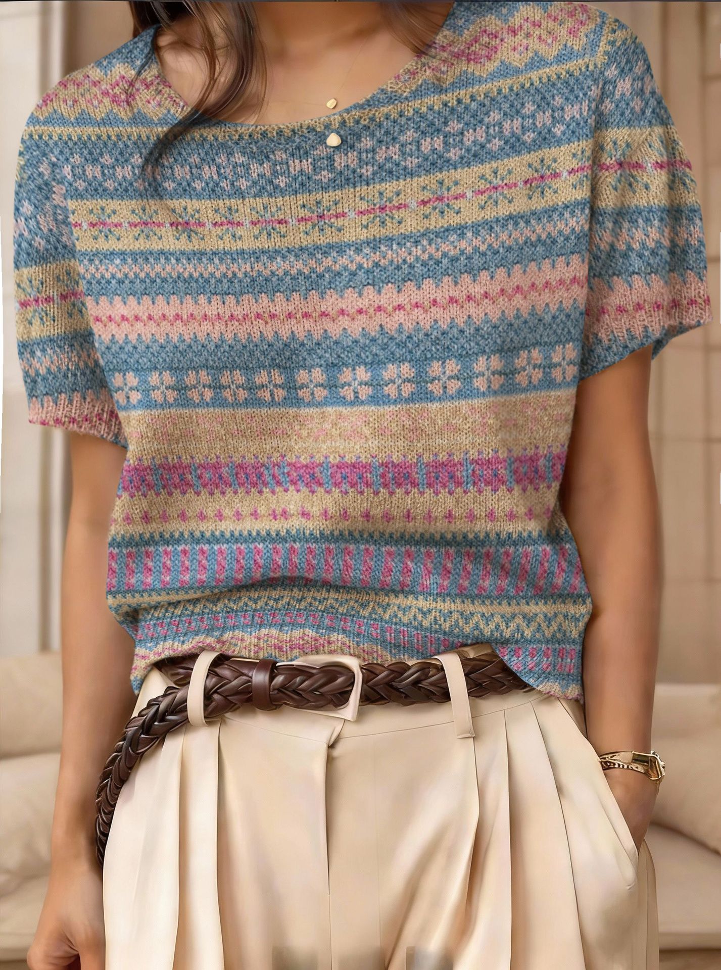 Retro Short-Sleeve Sweater Contrast-Color Jacquard Knit Top
