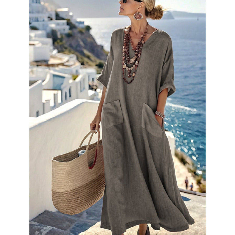 Five-point Sleeve Long Patch Pocket Kaftan Skirt