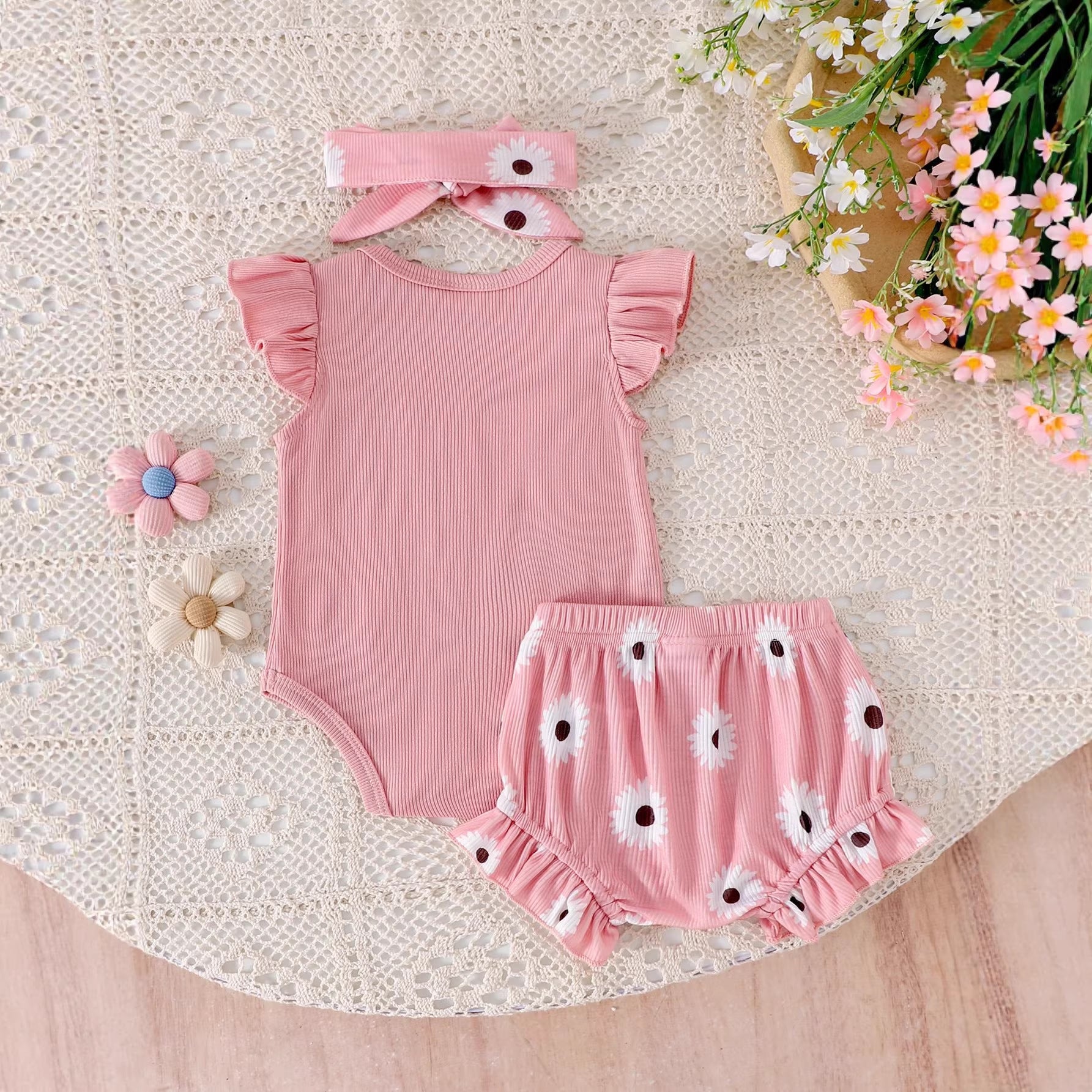Cute Cotton Ribbed Sleeveless Set For Baby Girls