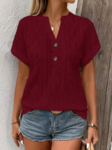 Fashionable Casual Solid-Color Buttoned V-Neck T-Shirt For Women