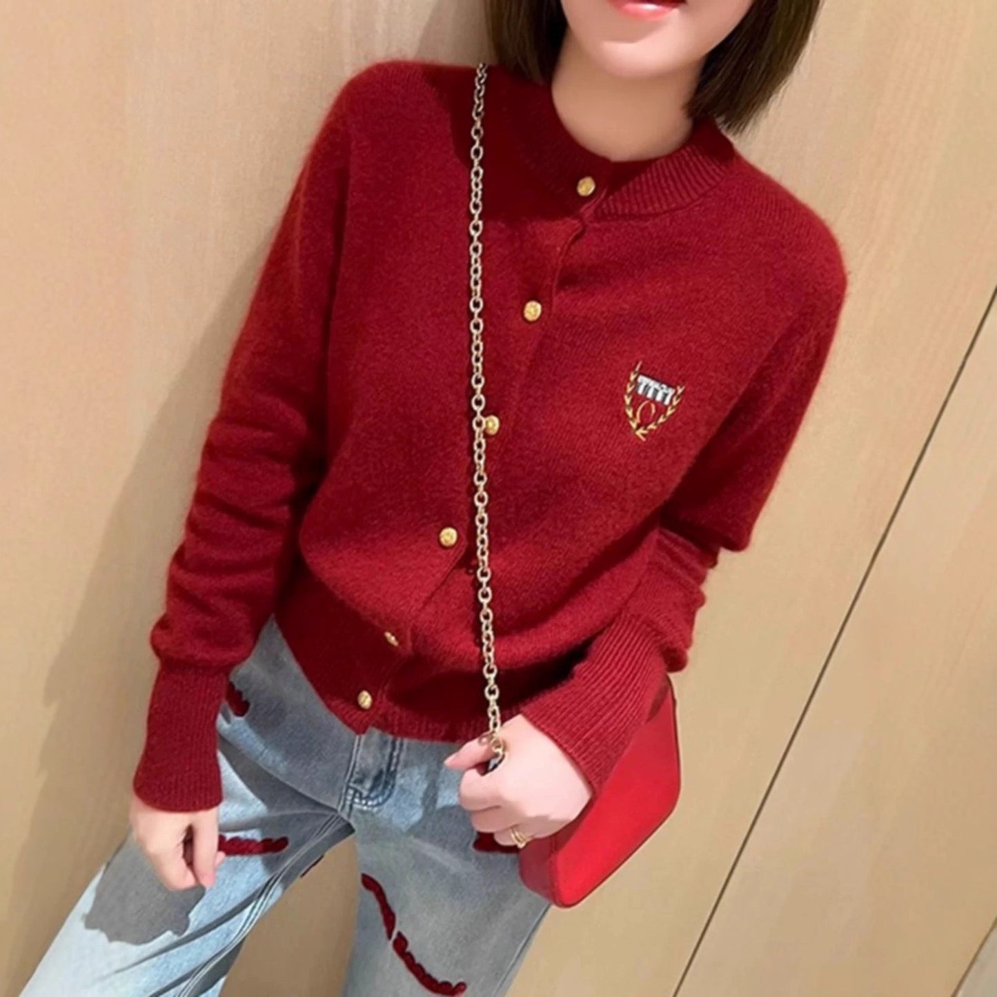 Raccoon Fur Yarn Embroidered Badge Sweater Coat