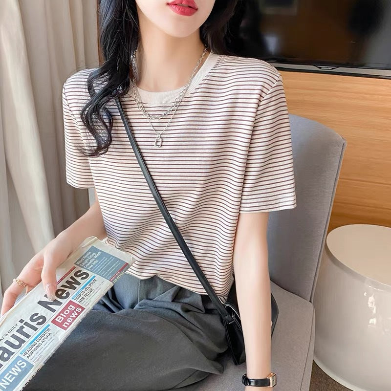 Pure Cotton Versatile Figure-flattering Striped Nursing Base Short-sleeve Top