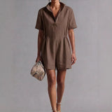 Womens Casual Long-Sleeve Lapel-Neck Split Jumpsuit